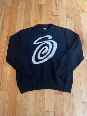 Stussy Black Crewneck Sweater with White Swirl Logo